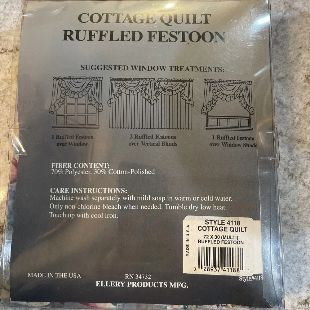 Vintage Top Mates Ellery Cottage Quilt Ruffled Festoon Curtain Valance 72X30 In